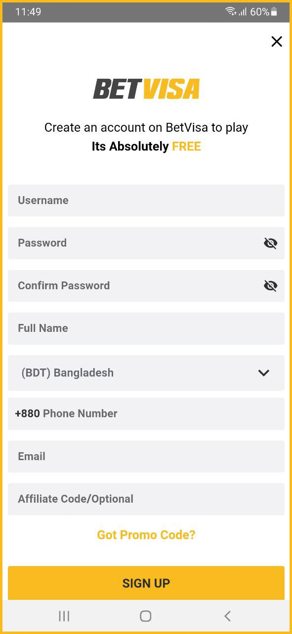 Screenshot of the BetVisa Bangladesh mobile application